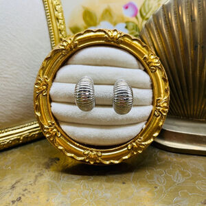 Monet Clip On Midcentury Hoop Earrings | Textured‎ Silver Tone | Signed Vintage